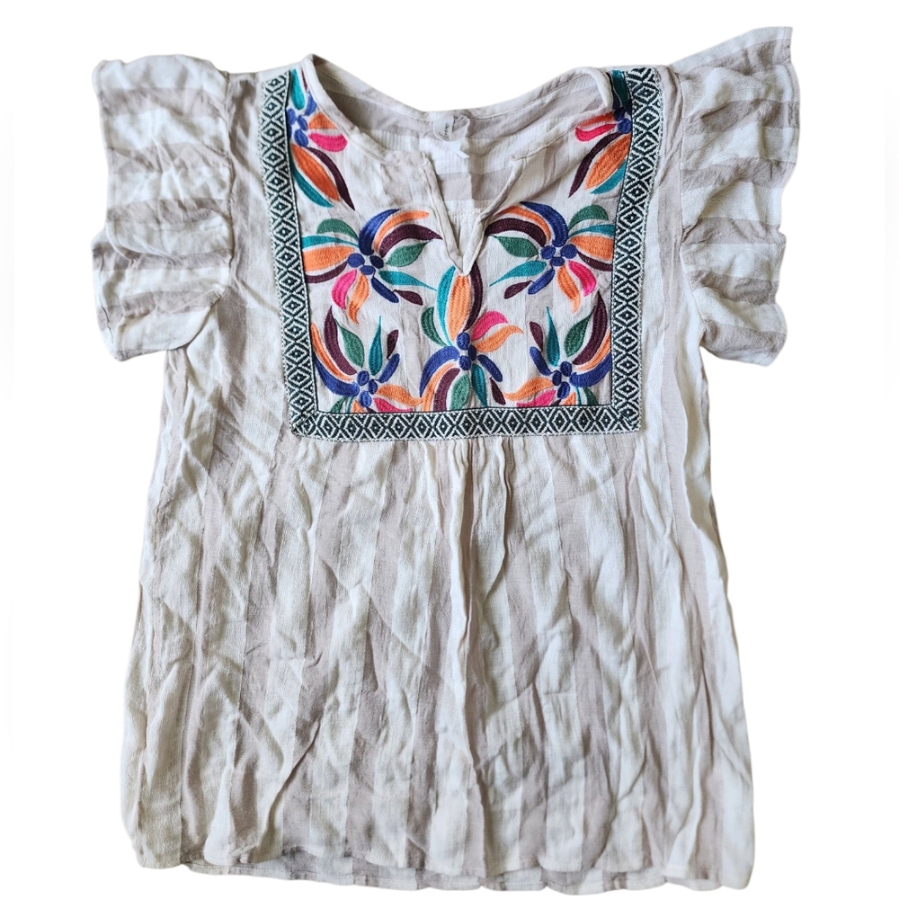 L LOVE Boho Chic Oaxacan Embroidered Flutter Sleeve Blouse, size L